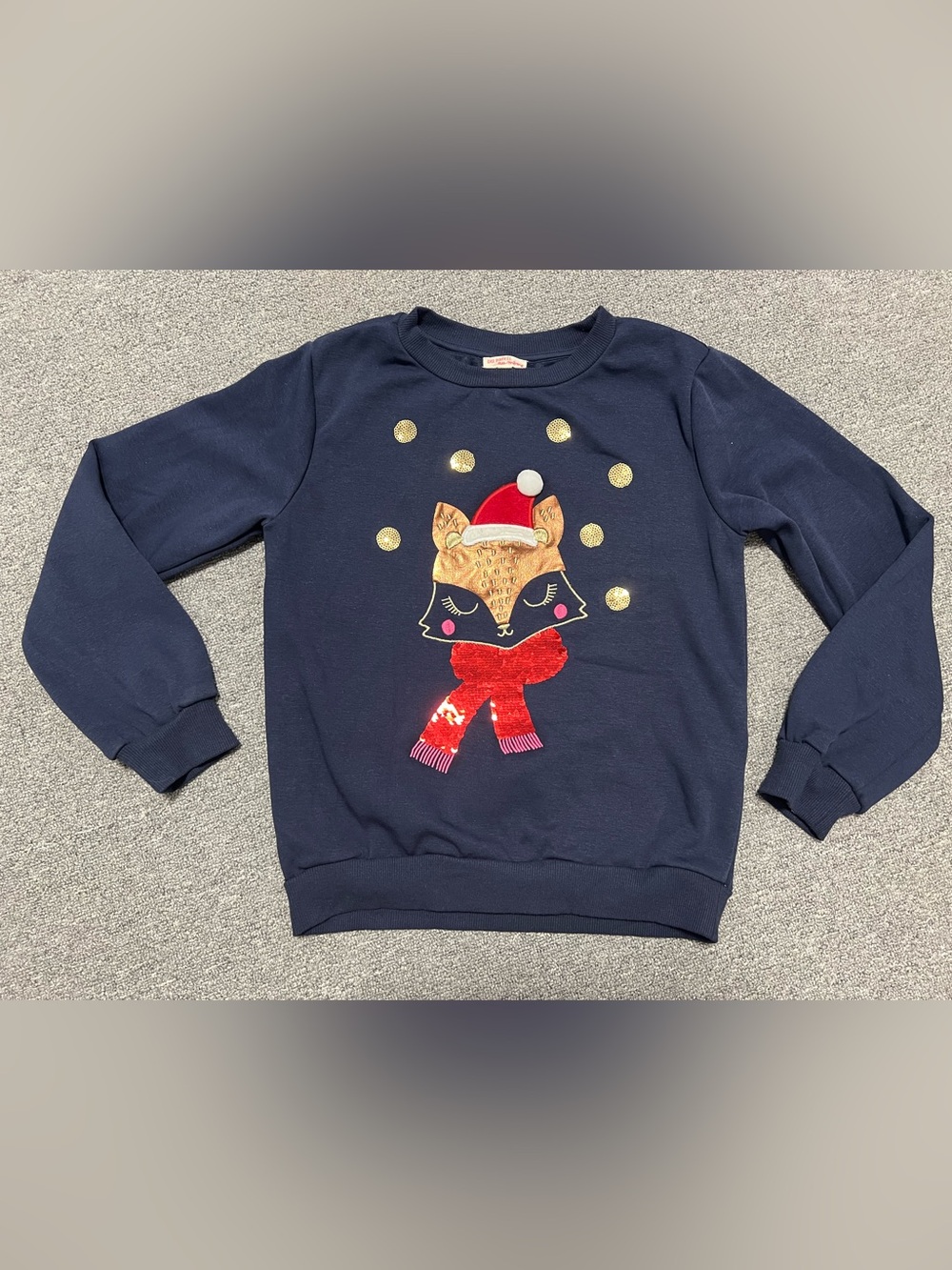 Girls' Navy Fox Holiday Sequin Sweatshirt 12T